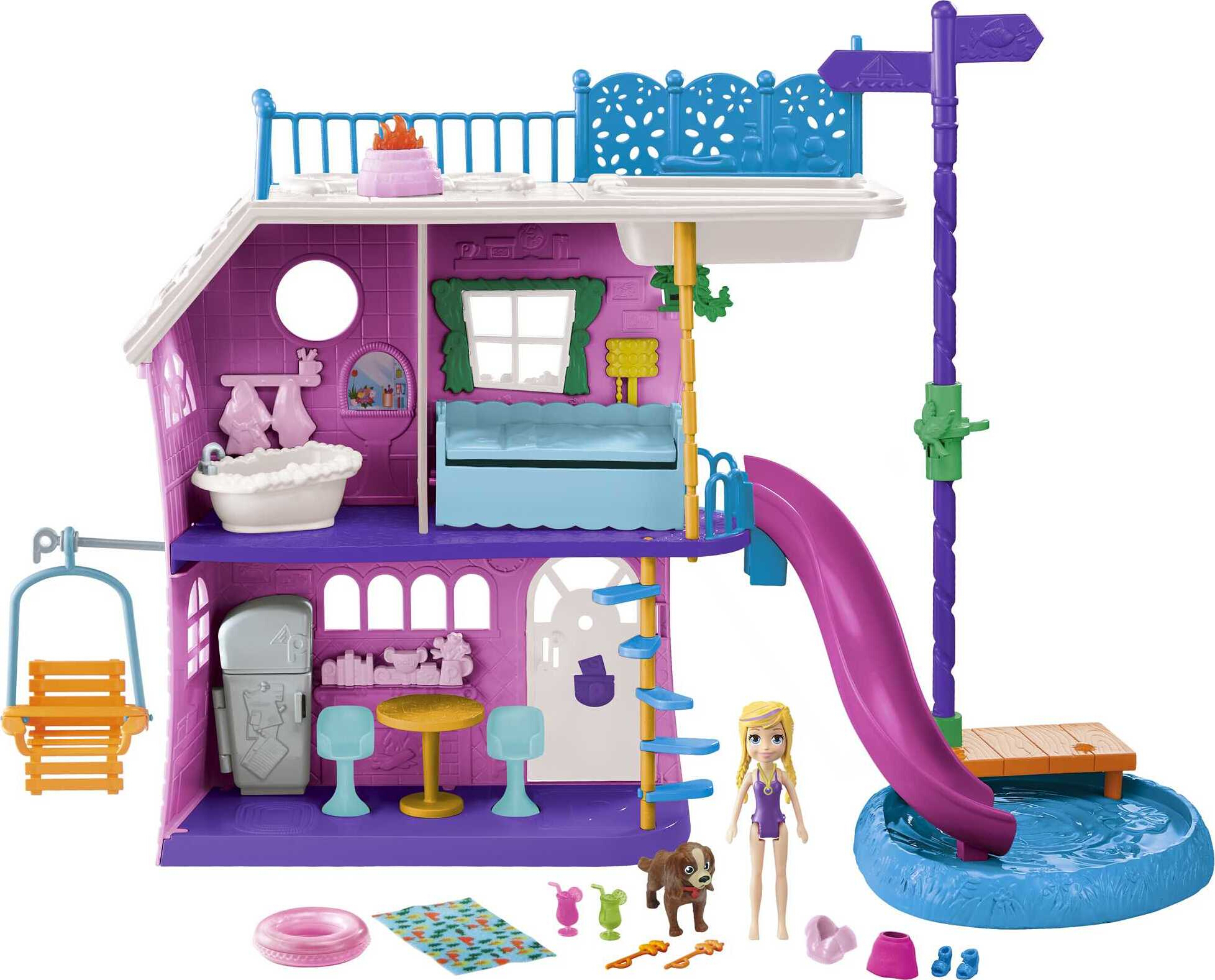 Polly Pocket Lil’ Lake House with 2 Stories, Slides, Lake Accessories,  Living Accessories, 3-inch Polly Doll & Her Dog Peaches; For Ages 4 and Up